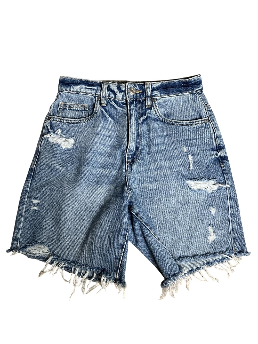 Cotton On Bermuda Shorts Womens 24 Blue Denim Relaxed Fit Distressed Fringe